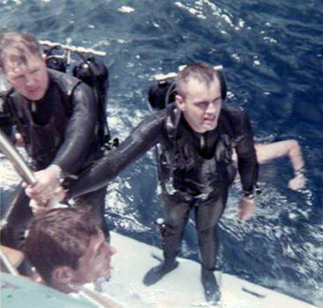 Hal & AJ after surfacing from their World Record Deep Air Dive in 1966