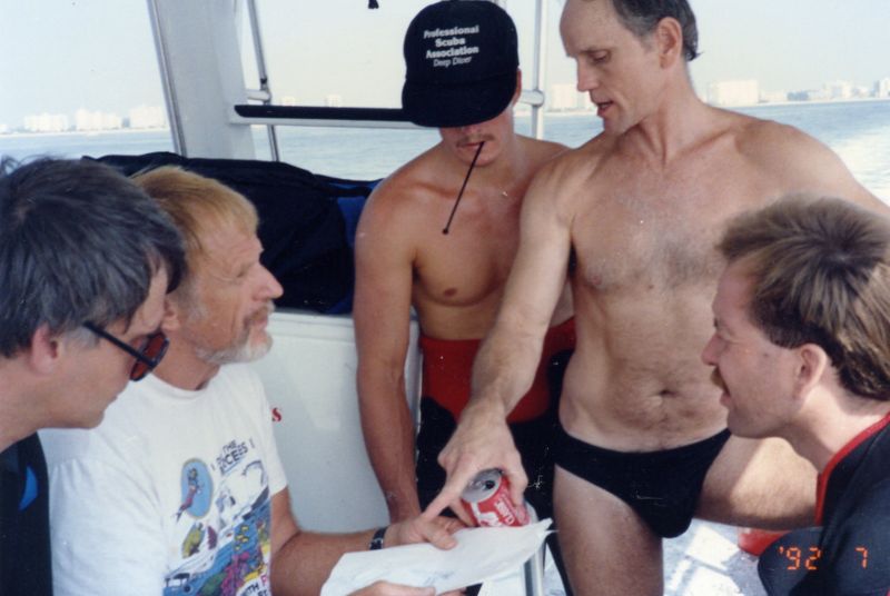 Left to Right: Gary Taylor, Tom Mount, Terrance Tysall, Hal Watts on Trimix dive summer 1992.